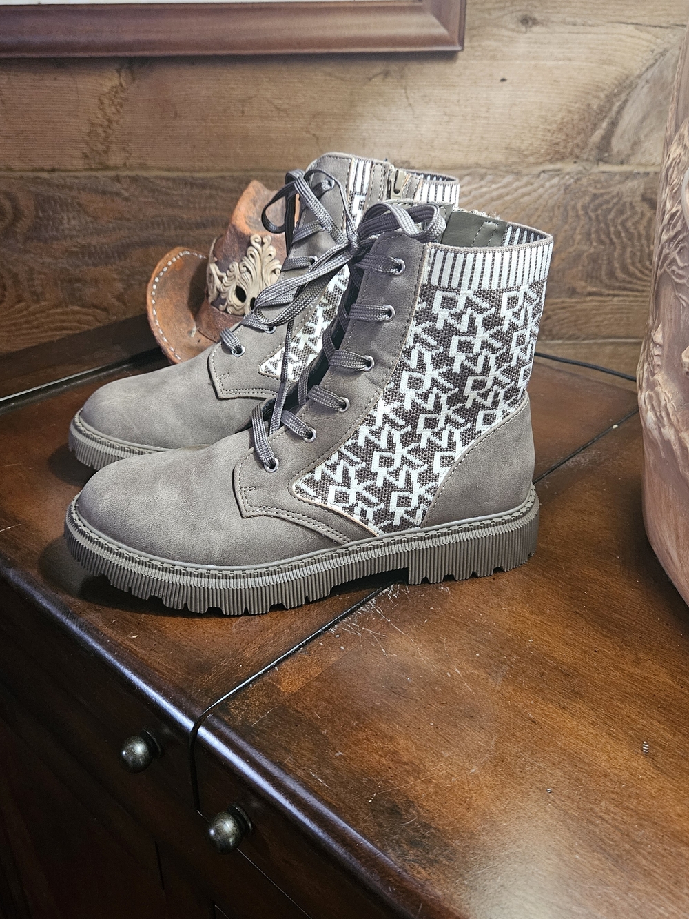 Donna Karan Tan Knit-Panel Signiture Lace-Up Combat Boots